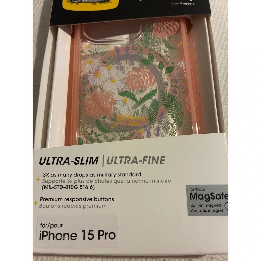 OtterBox Symmetry Series MagSafe Case‎ iPhone 15 Pro Floral Clear Peach Slim NEW